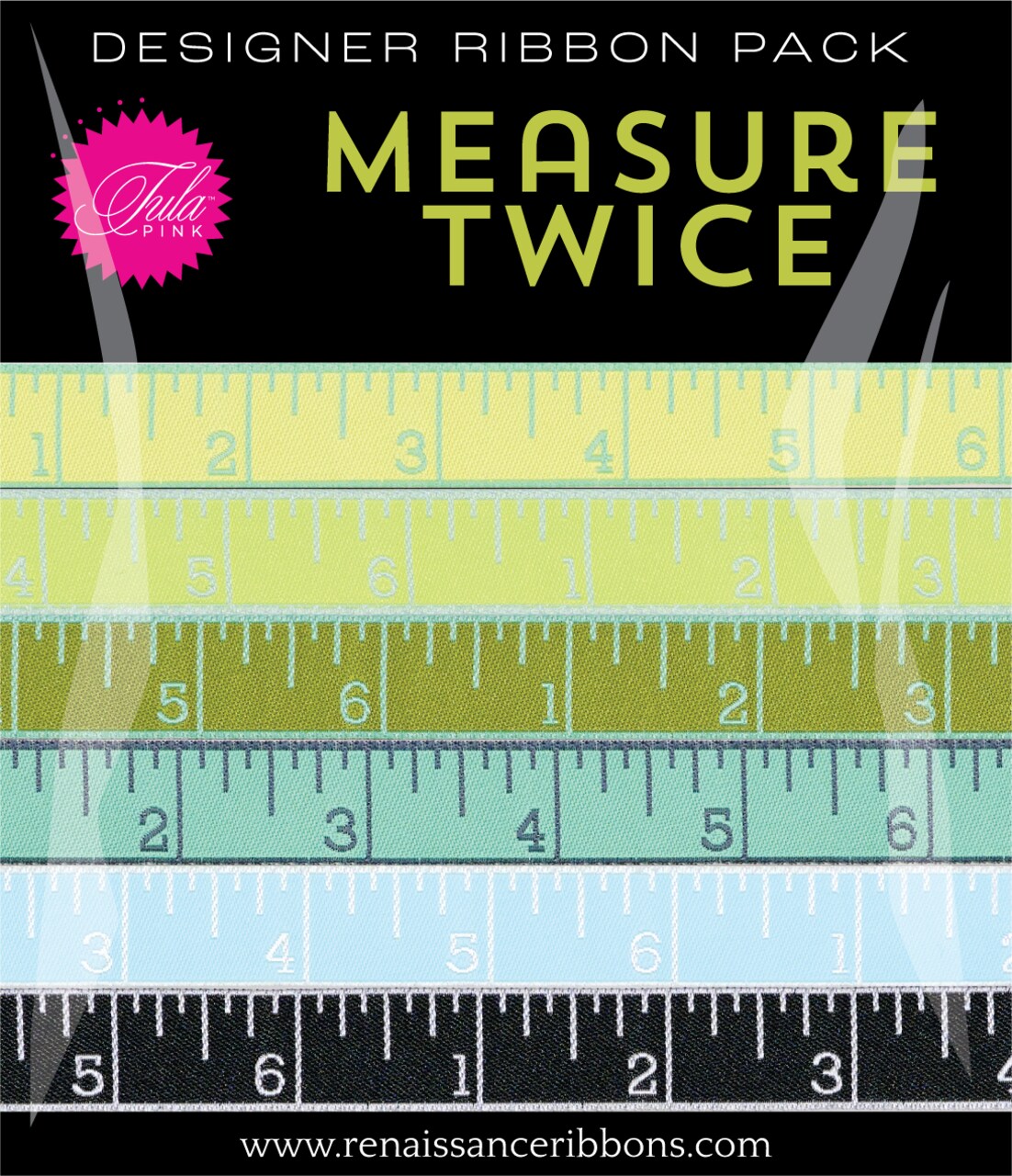 Measure Twice Ribbon Panel in Cool (dp-163 measure twice cool) | Measure Twice Ribbon Packs | Tula Pink | Renaissance Ribbons